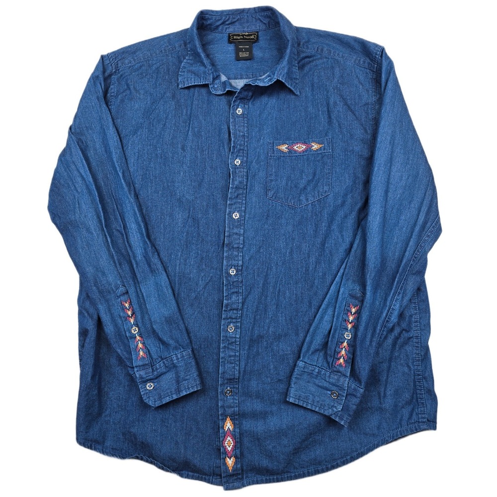 High Noon Western Shirt Mens Large Blue Cotton Embroidered Southwestern Aztec